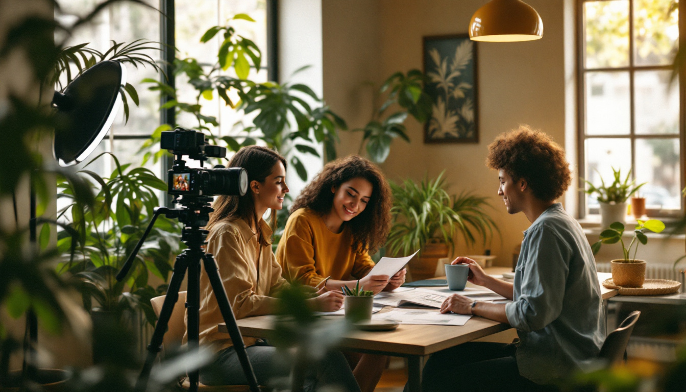 Equipe gravando vídeo com câmera em tripé para campanha de causa social