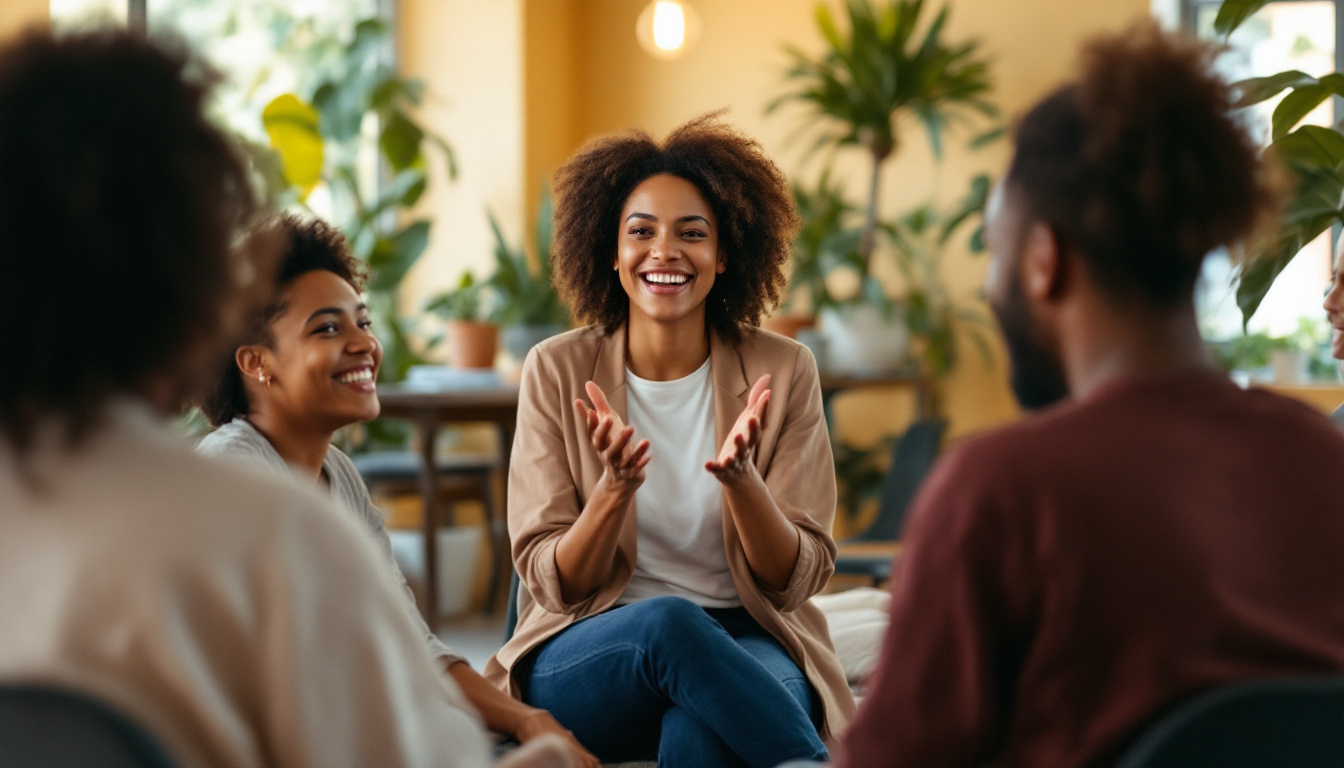 Mulher liderando roda de conversa com colegas em espaço comunitário