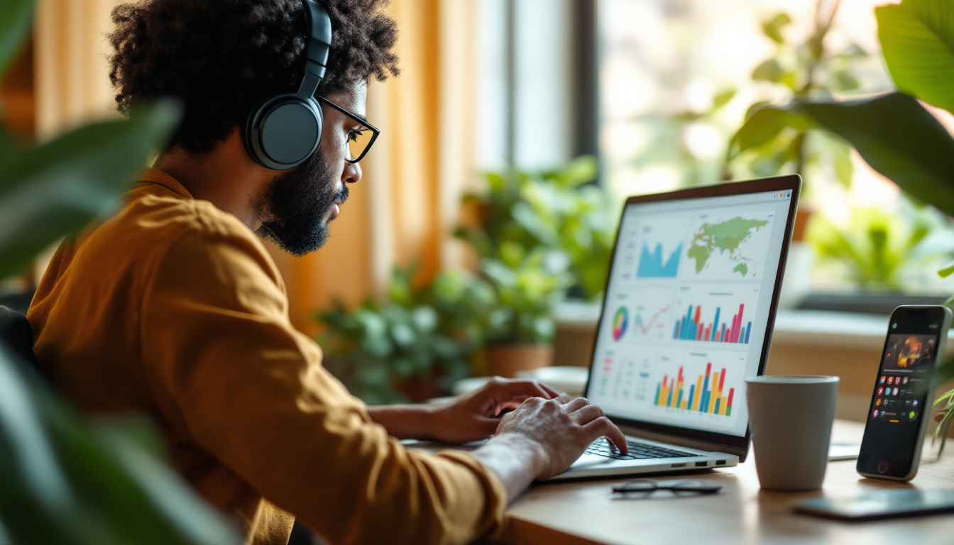 Analista trabalhando em laptop com painéis de dados coloridos na tela